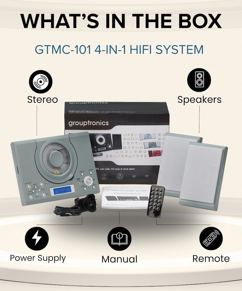 image 1 of CD Player with Speakers - HiFi System for Home with Radio, USB, MP3, Clock Alarm & Remote - Compact Stereo System with Wall Mount Design - Small CD Players for Home - GTMC-101