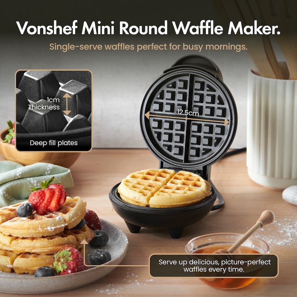 image 1 of Vonshef Mini Waffle Maker with 12.5cm Non Stick Plates 600W