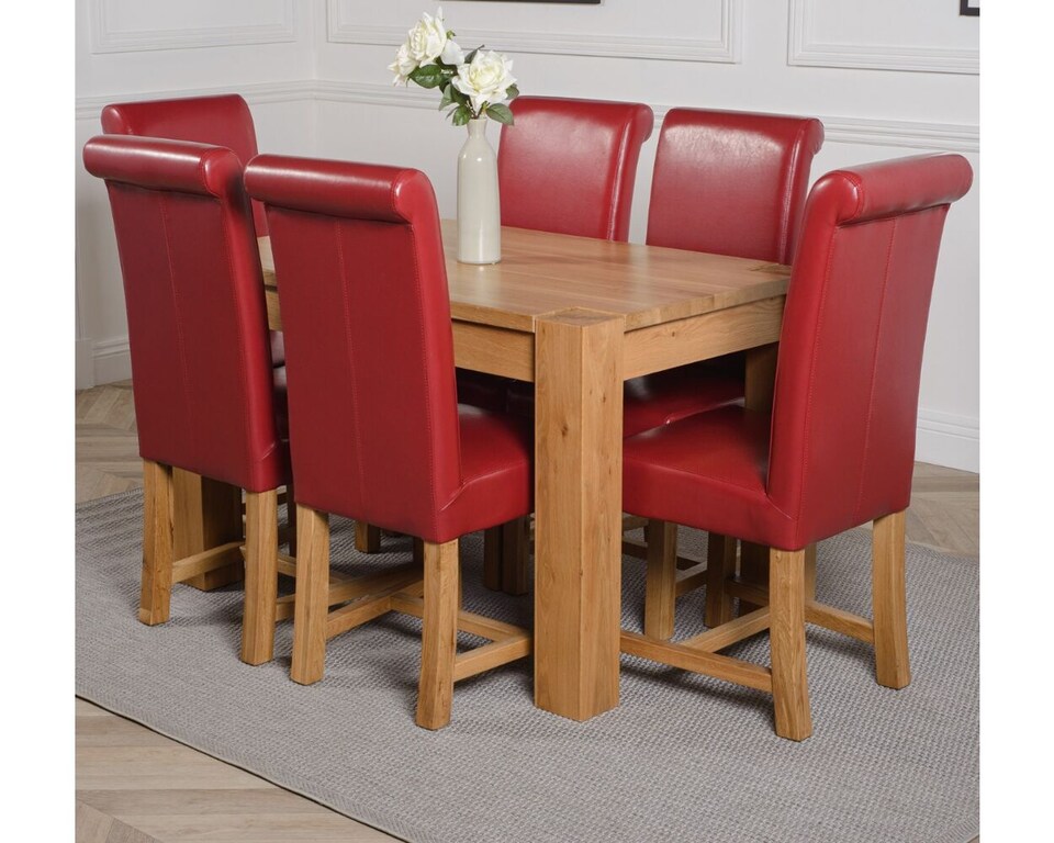 image 1 of Kuba 125x80cm Chunky Oak Small Dining Table and 6 Washington Leather Chairs | Red | Red
