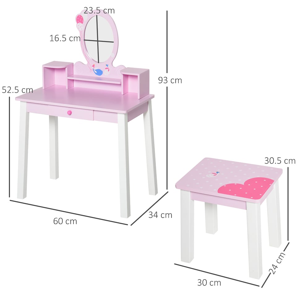 image 1 of HOMCOM Kids Dressing Table and Stool Set Make Up Desk with Storage (Pink)