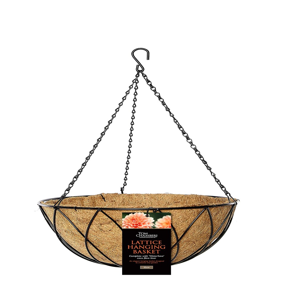 image 1 of Tom Chambers Black Lattice Metal Garden Patio Flower Wall Hanging Basket with WaterSave Coco Fibre Liner 35cm - Without Bracket | Black | Black