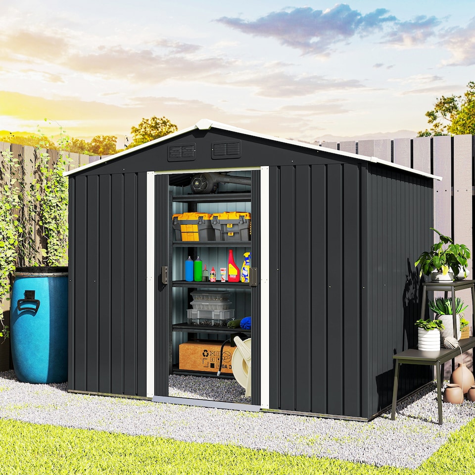 image 1 of Outsunny 7.7 x 5.7ft Metal Garden Shed with Ventilation Slots and Sliding Doors, Galvanised Outdoor Tool Storage House, Grey
