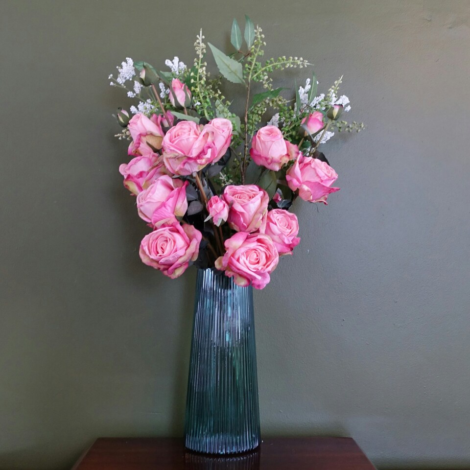 image 1 of Leaf 60cm Pink Rose Artificial Flower Display Glass Vase