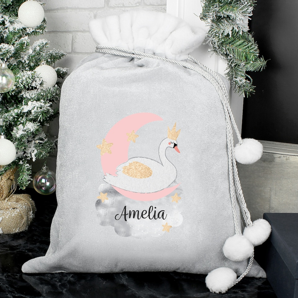 image 1 of Personalised Swan Lake Luxury Silver Grey Pom Pom Sack