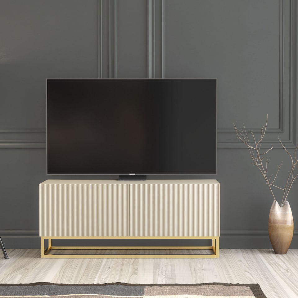 image 1 of TV Unit TV Stand Cashmere Gold Fluted Sideboard Media Console Storage Cabinet 100cm
