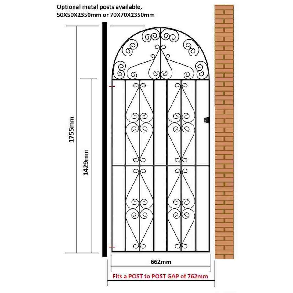 image 1 of Stirling Scroll Tall Bow Top Single Gate - Solid Steel - Fits Gap of 762 mm x 1755 mm High - Electro Galv./Black Powder Coated | Black | 1