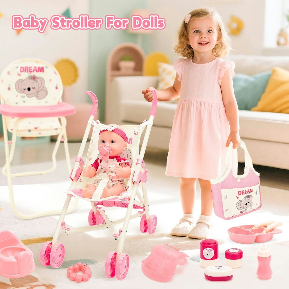 image 1 of Complete Baby Doll Accessories Nursery Set Pretend Role Play Cot Set for Kids Doll Crib Hogh Chair Prentend Play