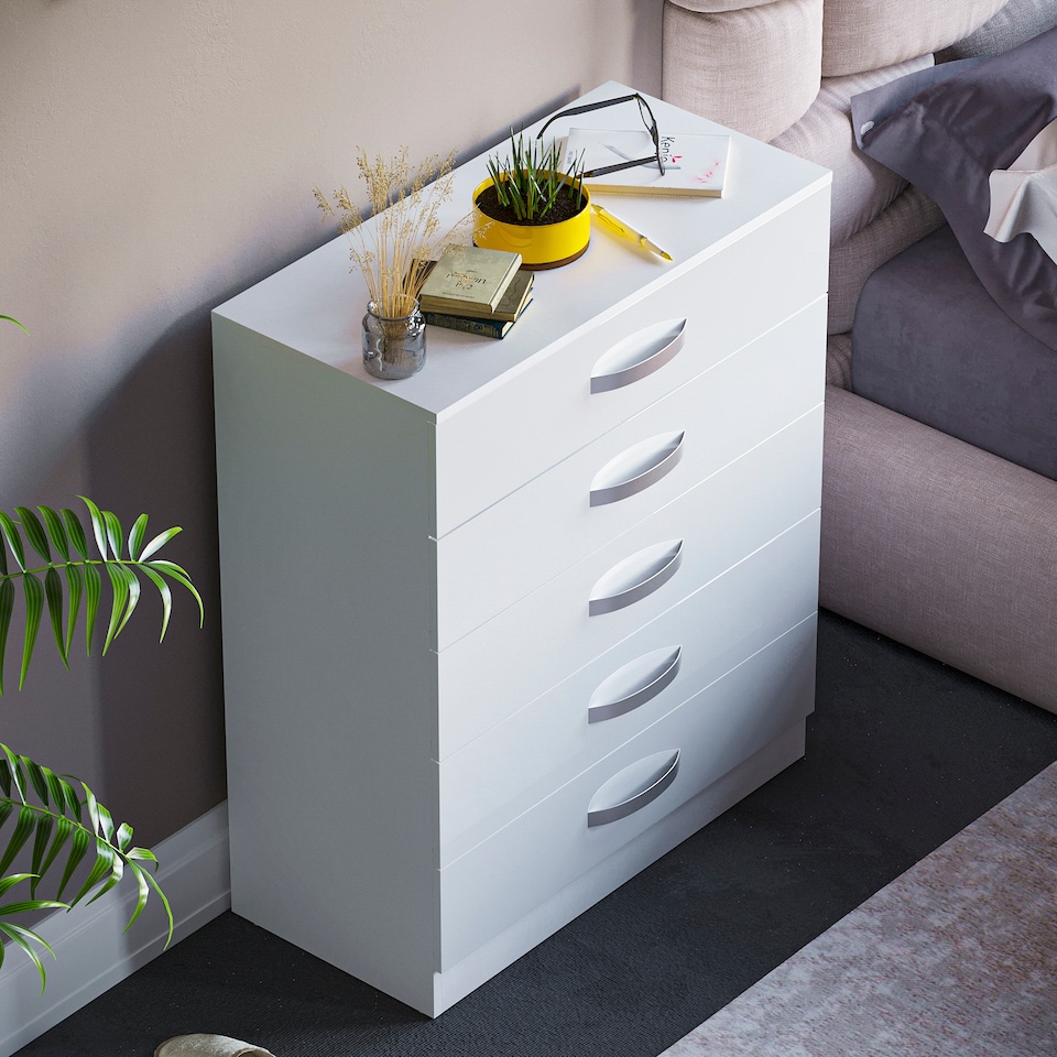 image 1 of Vida Designs Hulio 5 Drawer Chest of Drawers High Gloss Bedroom Storage, White