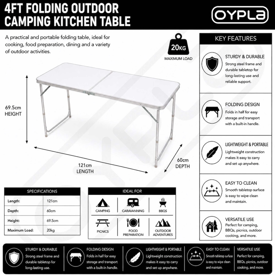 image 1 of 4ft Folding Outdoor Camping Kitchen Worktop Table Portable Food Prep Stand