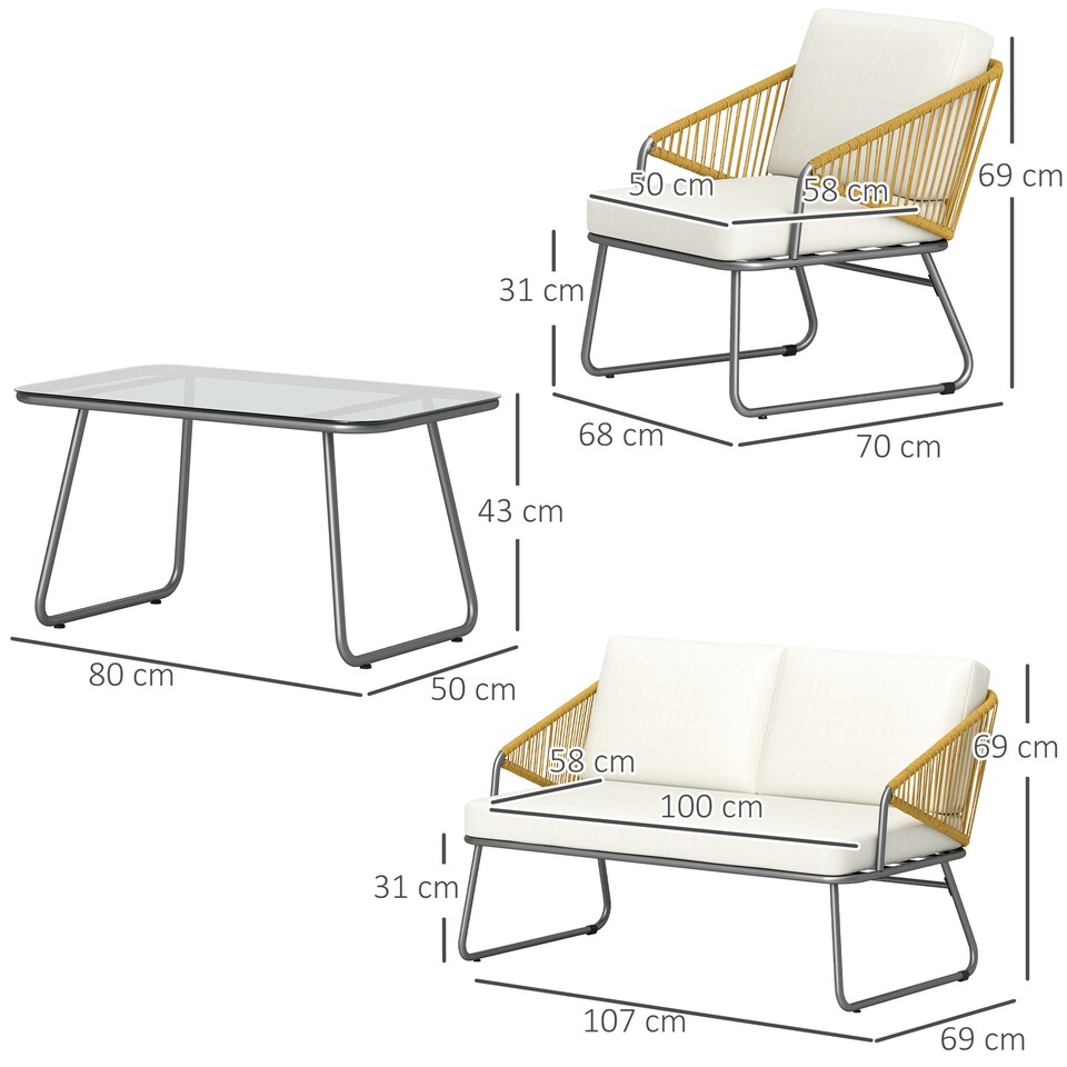 image 1 of Outsunny 4 Piece Rattan Garden Furniture Set, Wicker Patio Outdoor Furniture Set with Loveseat, Armchairs, Glass Top Coffee Table and Cushions for Patio, Conservatory, Balcony, Natural Wood Finish | Brown