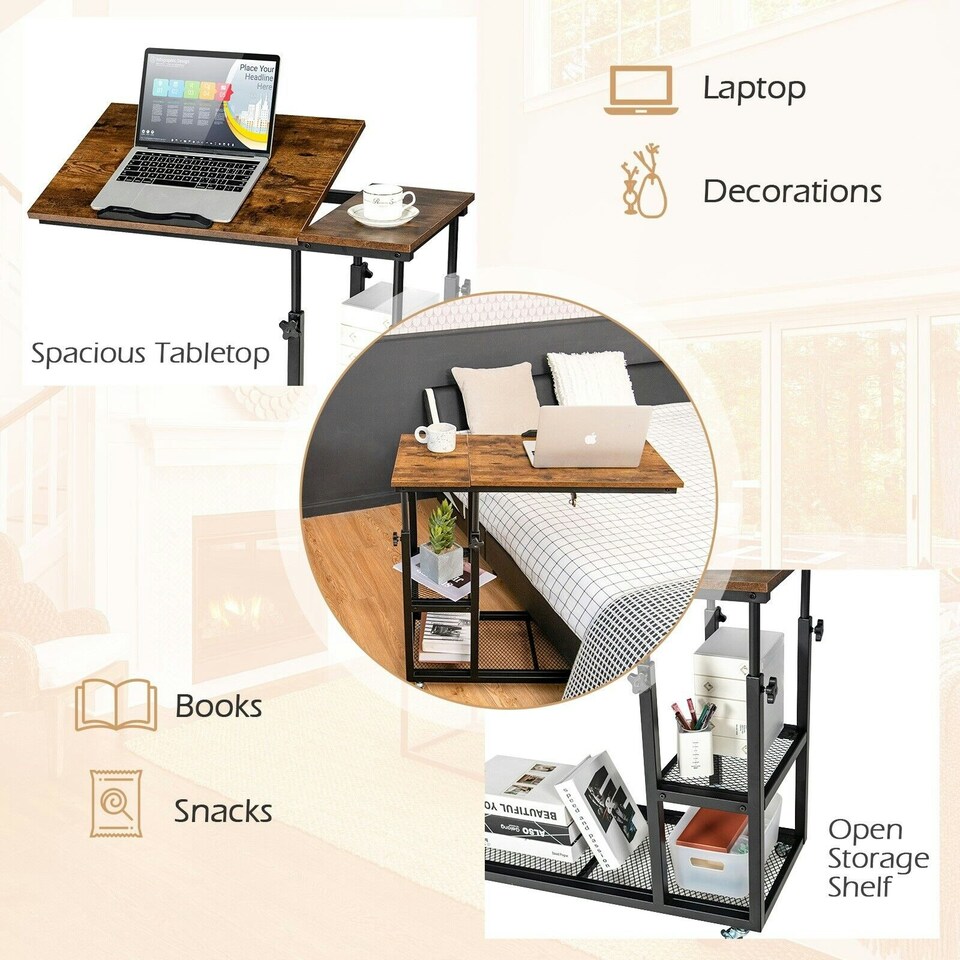 image 1 of COSTWAY Industrial Sofa Side Table Height Adjustable Rolling Coffee | Brown