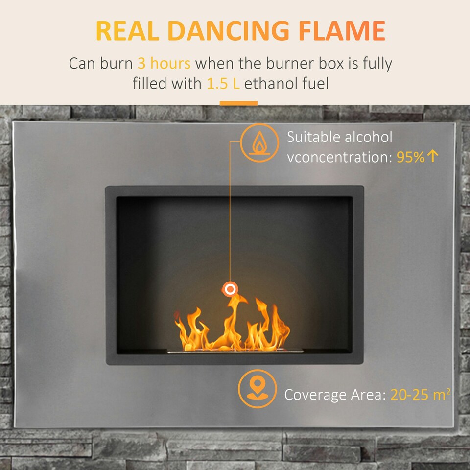 image 1 of HOMCOM Wall Mounting Bio Ethanol Fireplace Heater with 1.2L Tank, Silver
