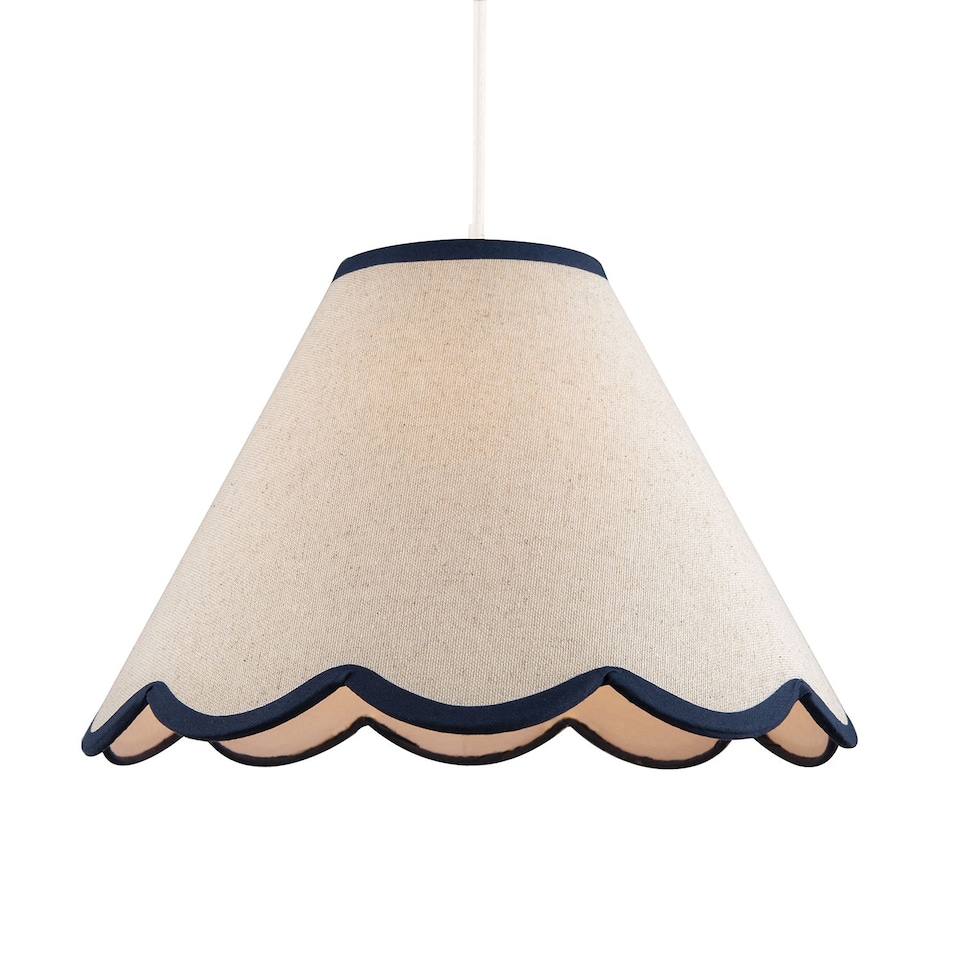 image 1 of Scallop Edge Natural Textured Linen Coolie Lamp Shade with Navy Trims | Blue | 12"
