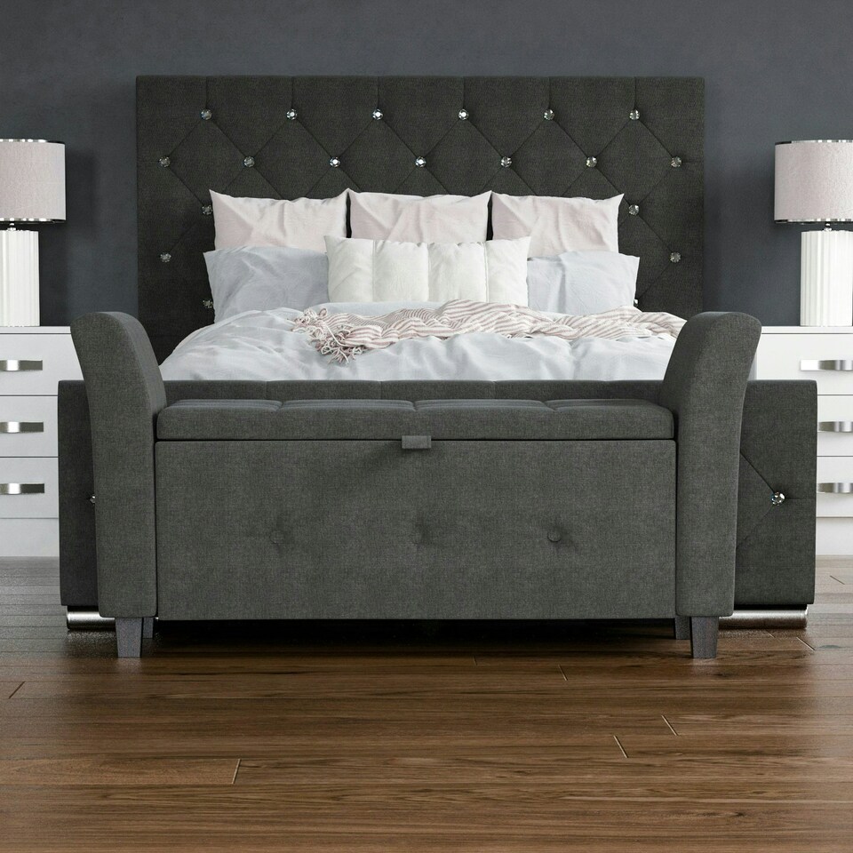 image 1 of Vida Designs Seville Storage Ottoman Bedroom Hallway Chest Bench, Dark Grey Linen Grey | Dark Grey Linen