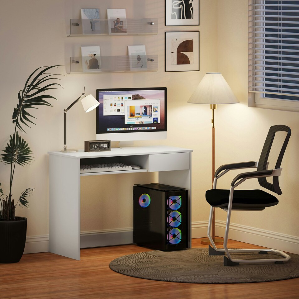 image 1 of HOMCOM Compact Computer Table with Keyboard Tray and Drawer, White | White