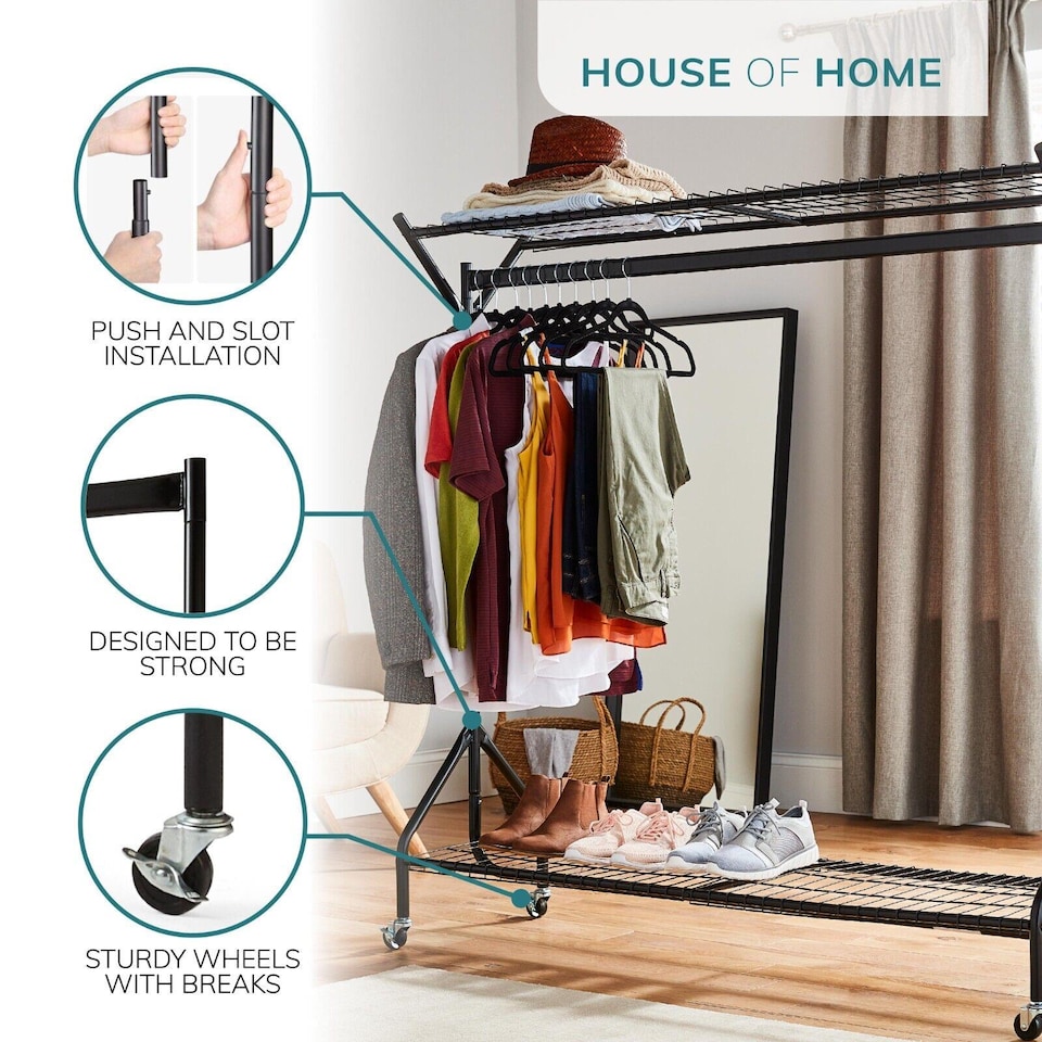 image 1 of House of Home Clothing Rail Heavy Duty Hanging Clothes Shoe Hat Rack Shelves With Wheels 6ft x 5ft | Black