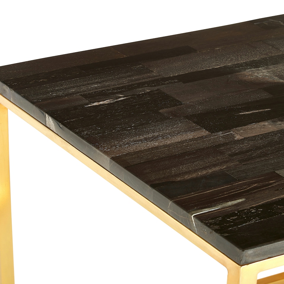 image 1 of Steel Base Dark Petrified Wood Square Side Table, Wooden Top Small Bedside Table, Rustic Side Table Gold