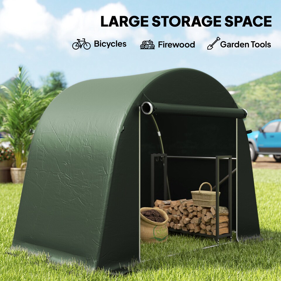 image 1 of Outsunny 8 x 4 ft Garden Storage Shed Tent, Waterproof Bike Tent with Roll-up Zipper Door and Galvanised Metal Frame, Outdoor Portable Shed Storage Shelter for Bike, Garden Tools | Green