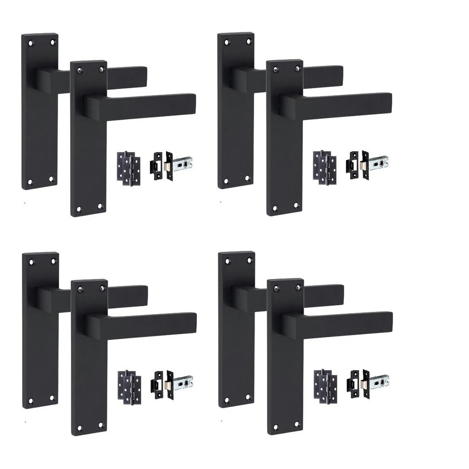 image 1 of Golden Grace 4 Sets Victorian Straight Delta Door Handles in Matt Black with 1 Pair of 3" Ball Bearing Hinges & Latches Pack - 150mm x 40mm Backplate Black