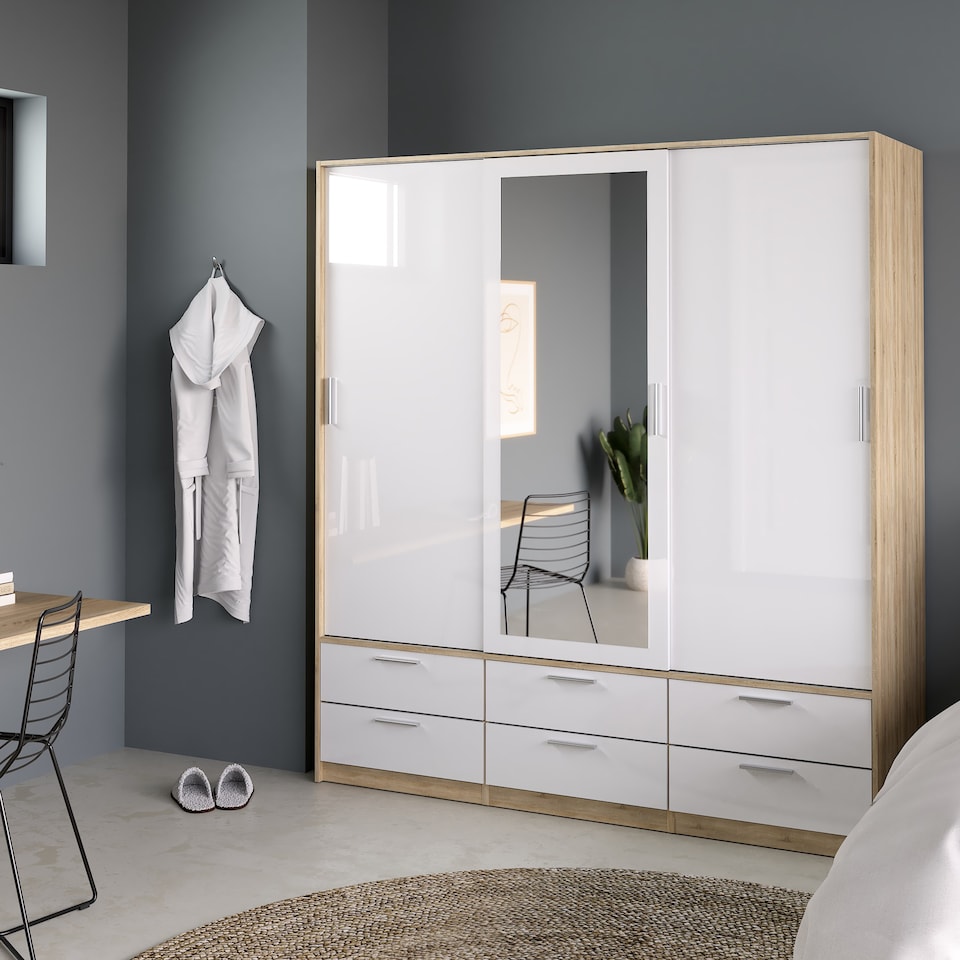 image 1 of Line Wardrobe 3 Doors 6 Drawers in Oak with White High Gloss