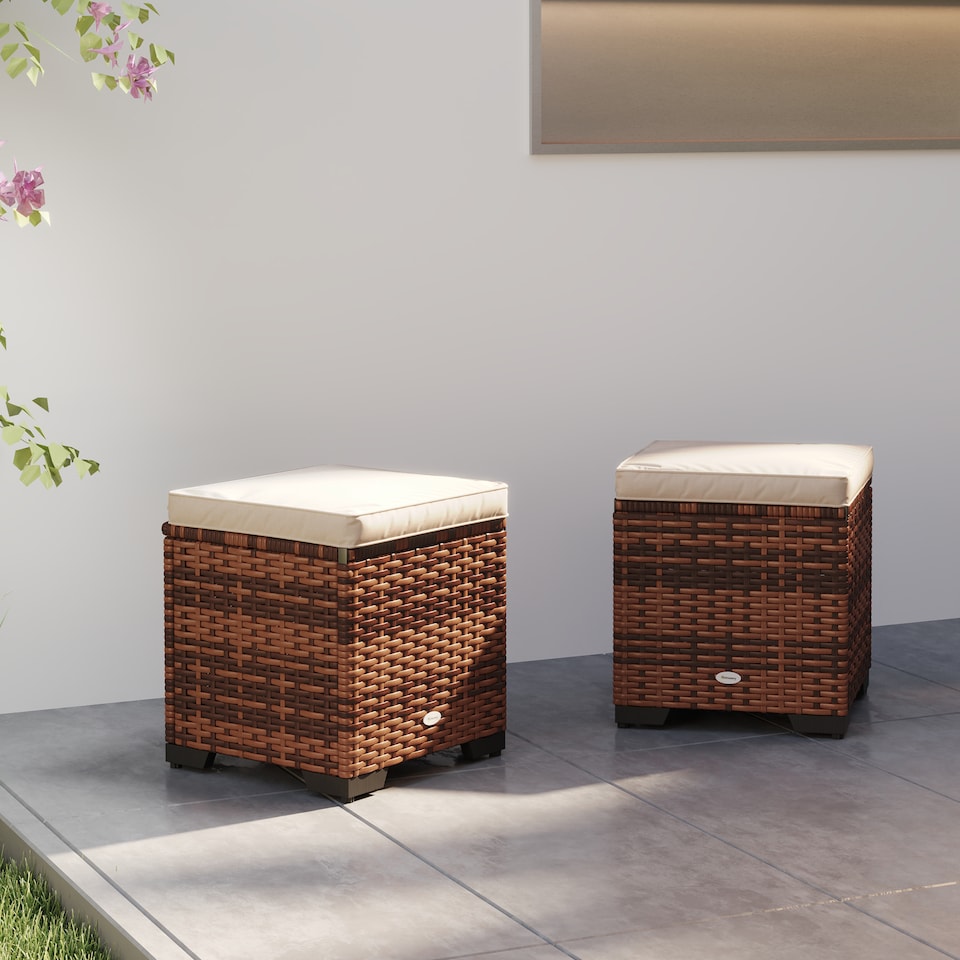 image 1 of Outsunny Set of 2 Rattan Storage Ottoman, Outdoor Footstool with Removable Cushions, Garden Storage Seat for Balcony, Porch, Living Room, Beige | White | 40W x 40D x 40H cm | 1