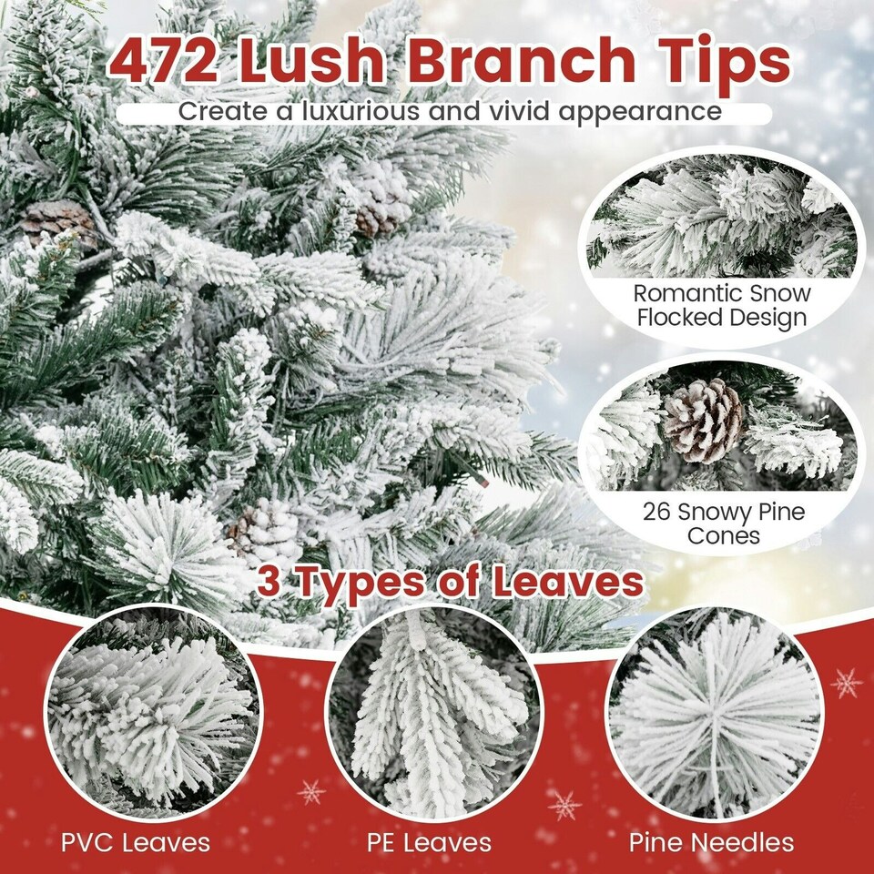 image 1 of COSTWAY 4.5 FT Pre-Lit Artificial Christmas Tree Snow-flocked | Green | One Size