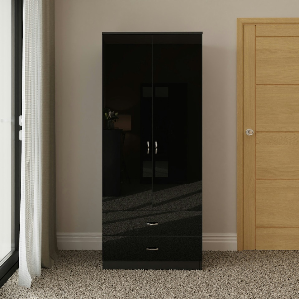 image 1 of FWStyle Chilton Combination Wardrobe 2 Door 2 Drawer - Black Gloss Front Black