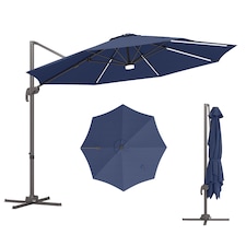 Outsunny 3 m Cantilever Roma Parasol Garden Sun Umbrella Outdoor Patio with 360 Degree Rotation Crank and Tilt Aluminium Frame LED Solar Light Cross Base, Blue
