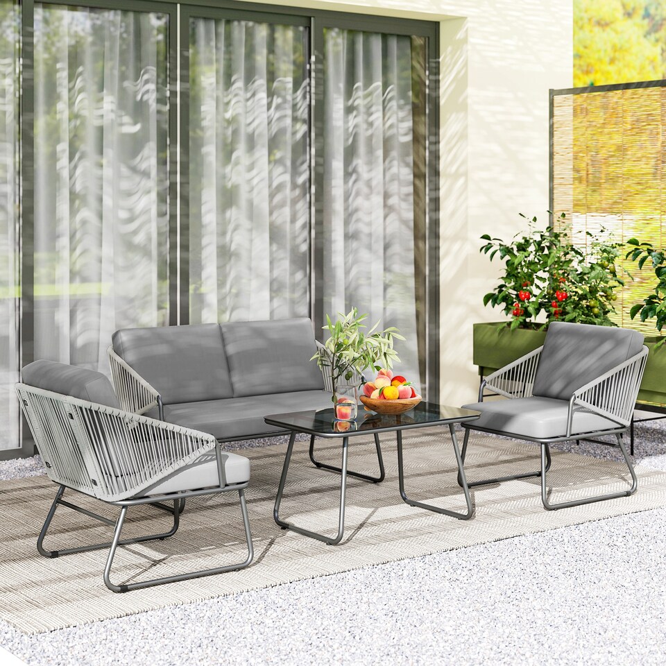 image 1 of Outsunny 4 Piece Rattan Garden Furniture Set, Wicker Patio Outdoor Furniture Set with Loveseat, Armchairs, Glass Top Coffee Table and Cushions for Patio, Conservatory, Balcony, Grey | Grey