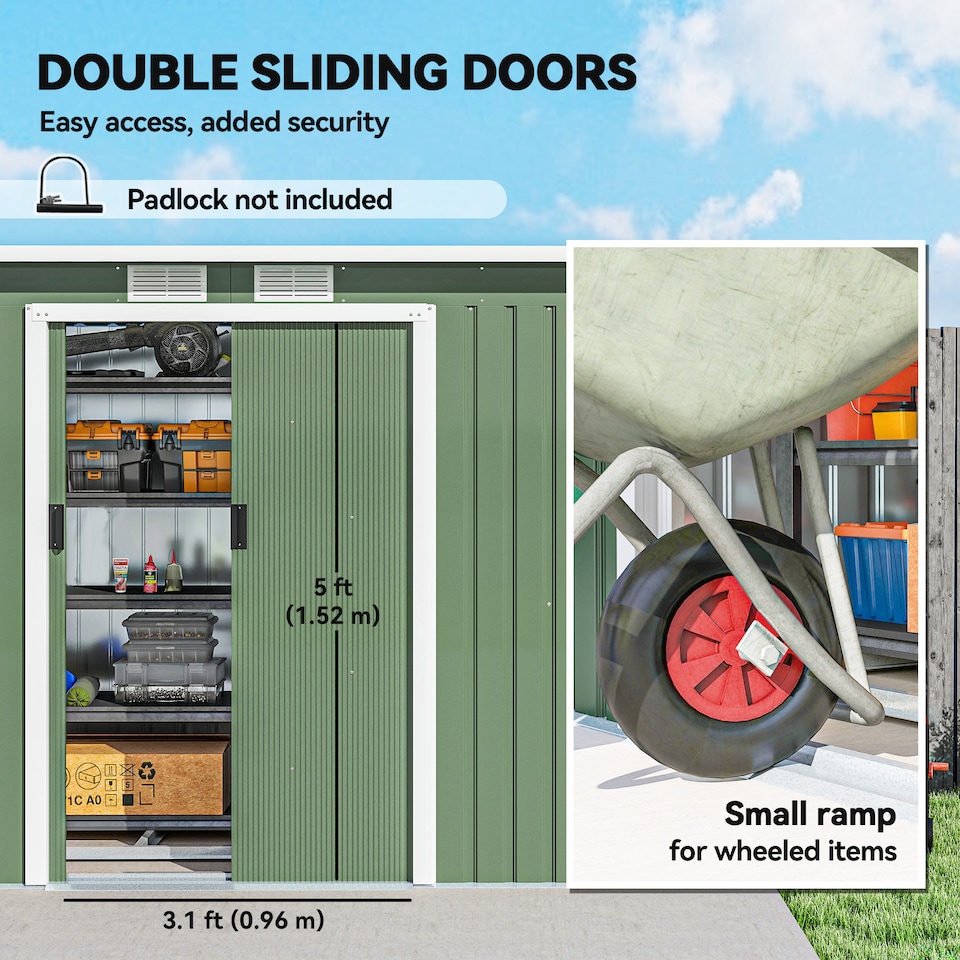 image 1 of Outsunny 9ft x 4ft Metal Garden Shed, Outdoor Tool House with Foundation Kit, Ventilations and Double Doors, Light Green