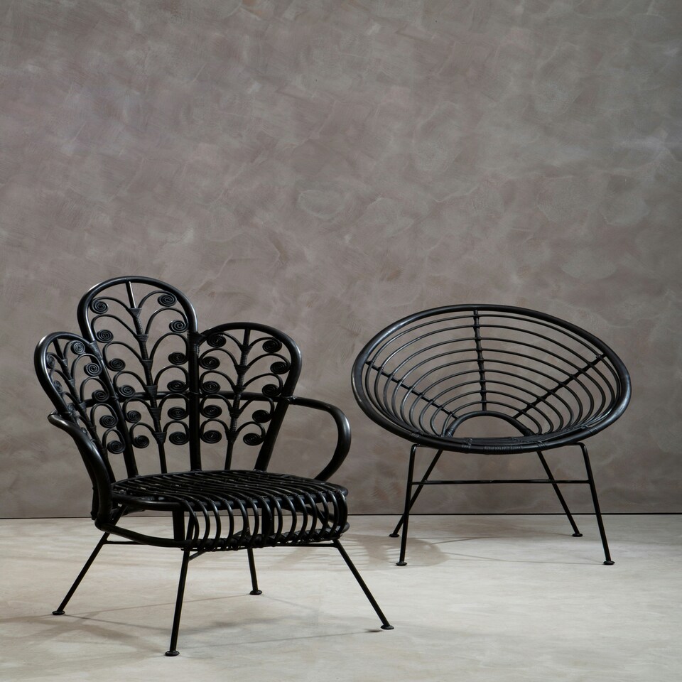 image 1 of Interiors by Premier Black Natural Rattan Scalloped Back Chair, High Back Rattan Lounge Chair, Outdoor Rattan Chair for Garden Black