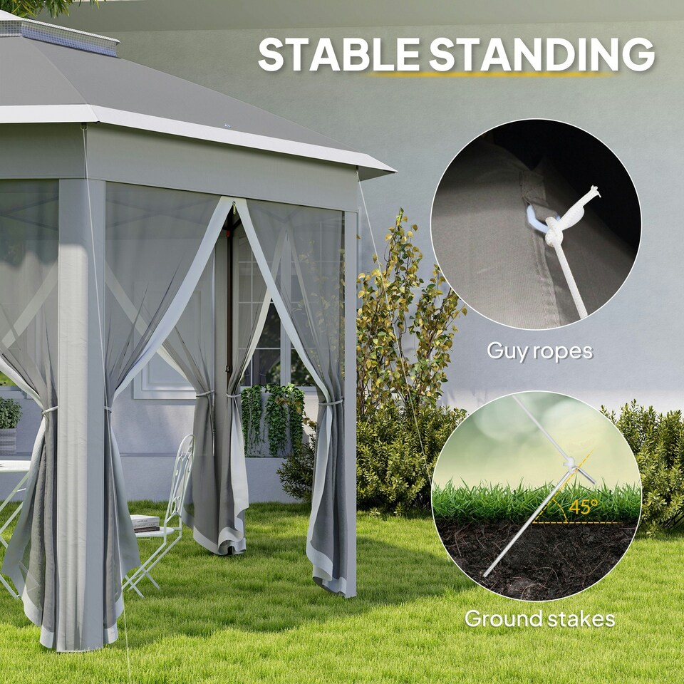 image 1 of Outsunny 3x4m Hexagon Gazebo w/ Mesh Curtains Outdoor Garden, Dark Grey