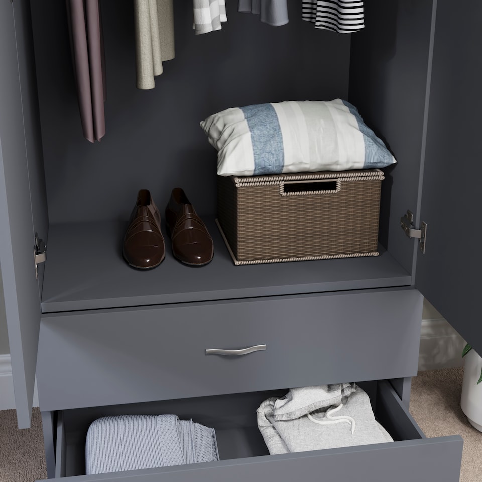 image 1 of Vida Designs Riano 2 Door 2 Drawer Wardrobe With Shelf & Clothes Rail, Grey