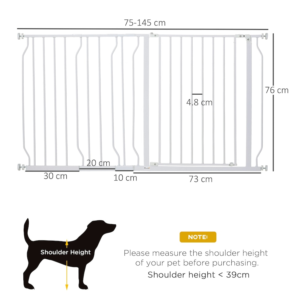 image 1 of PawHut Dog Gate Wide Stair Gate w/ Door Pressure Fit, 75-145W cm, White