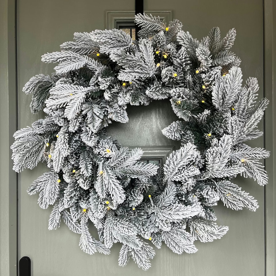 image 1 of 60cm Premium Mixed branch prelit Snow Flocked Christmas Wreath - with timer