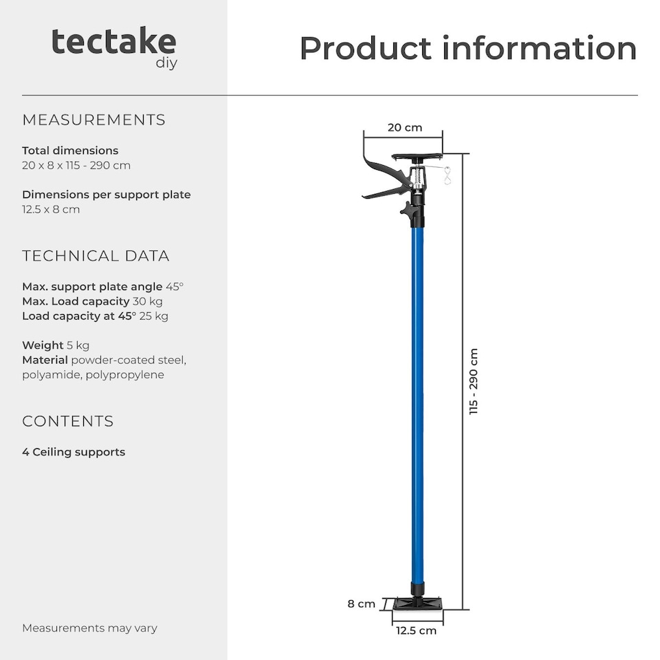 image 1 of Plasterboard Props Set of 4 Adjustable Ceiling Support Shore Holder 115 up to 290 cm | Blue | blue | 20 x 8 x 115 cm | 4