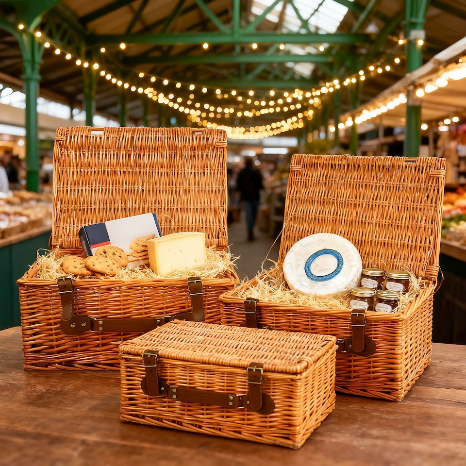 image 1 of Traditional Premium Wicker Gift Basket With Lid Empty Picnic Hamper WIth Handle Shop Retail Display Basket (Honey, Medium)