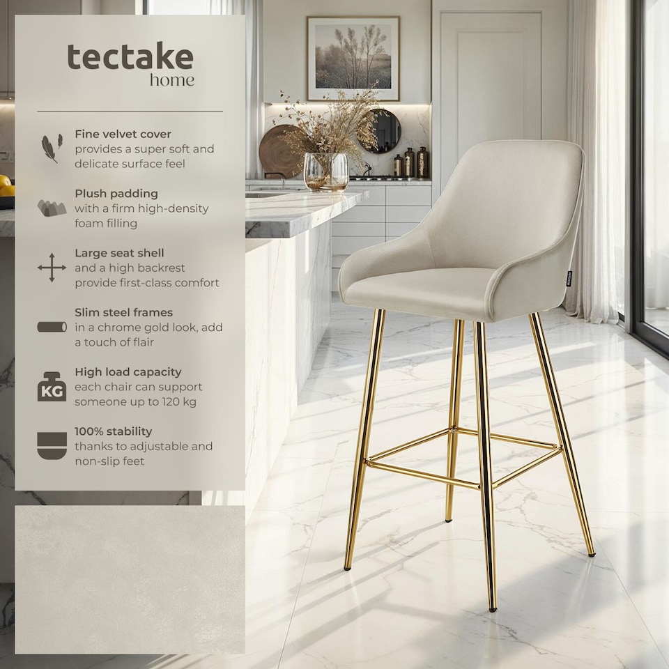 image 1 of Bar Stool Avane - with backrest, upholstered, velvet look | Cream | cream/gold | 57 x 48,50 x 108 cm | 2