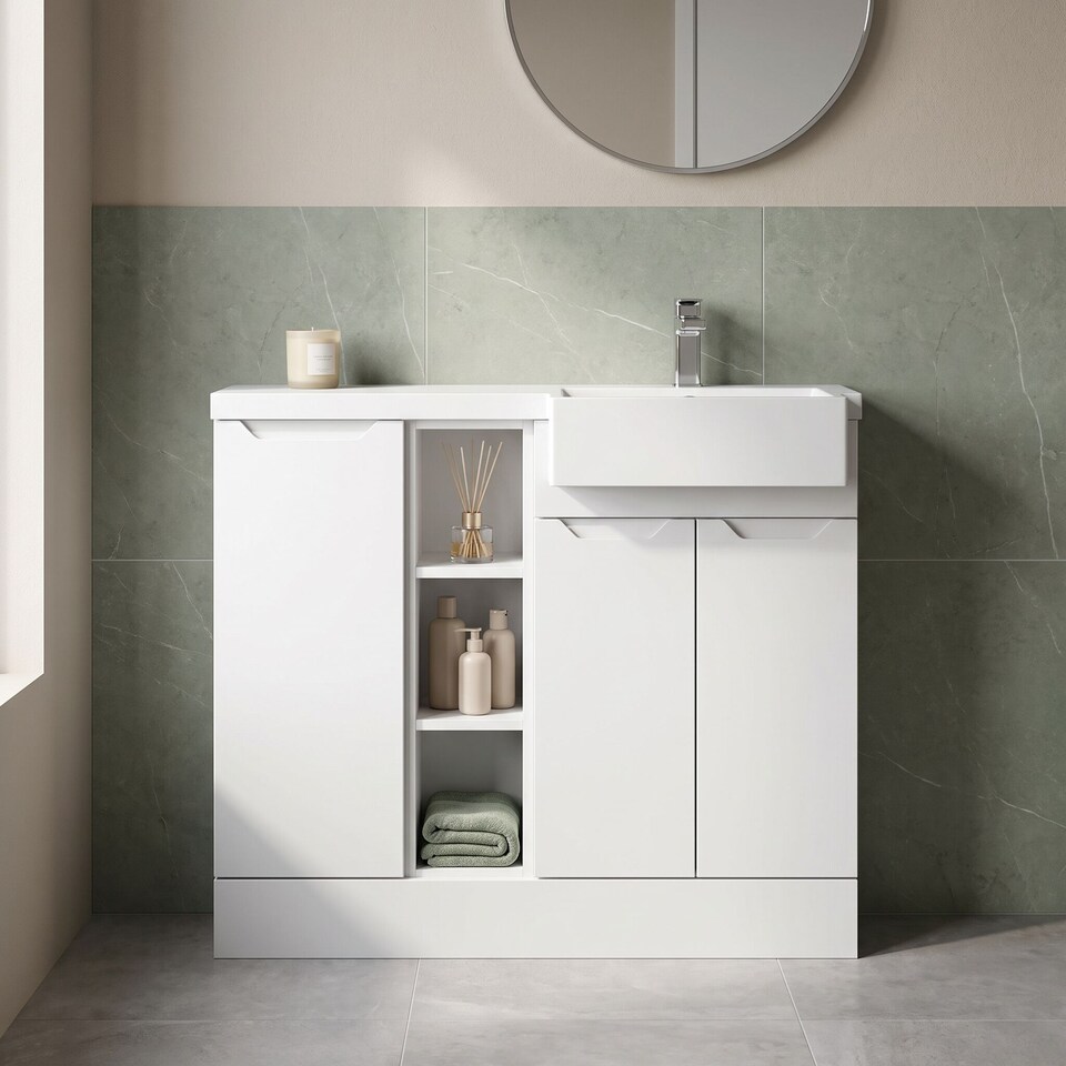 image 1 of Balterley Teddesley Floor Standing Compact 3 Door Combination Vanity Basin Unit with Open Shelves and Basin, 1000mm, Right Hand, Matt White