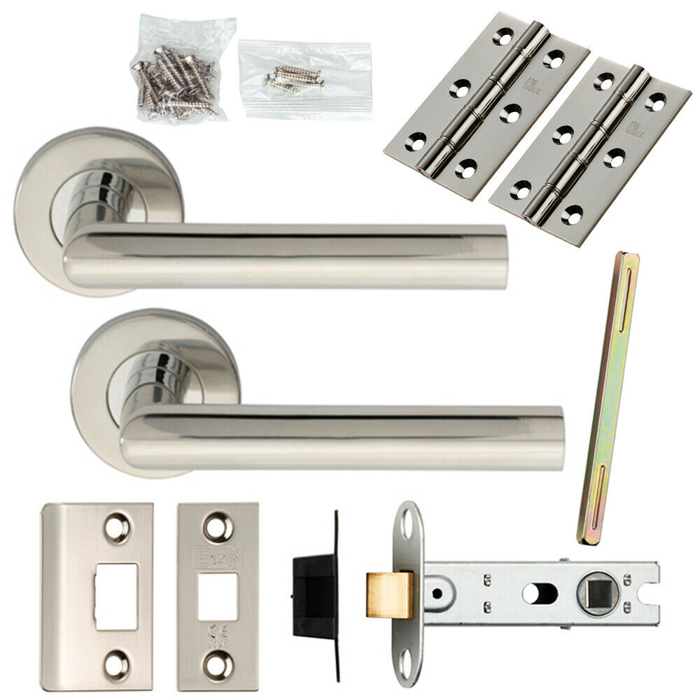 Loops Door Handle & Latch Pack Polished Steel Mitred Lever Screwless Round Rose in Metallics