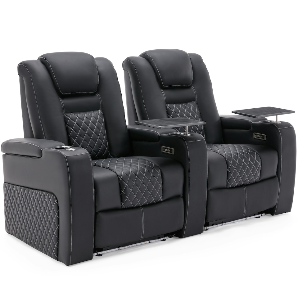 image 1 of Broadway 2 Seater Cinema Electric Recliner Chair USB LED Base w Tray (Black w White stitching)