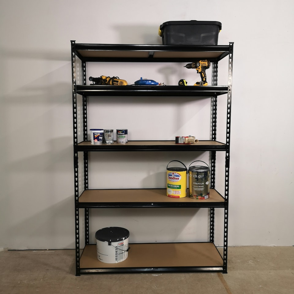 image 1 of Garage Shelving 122cm Wide & 183cm High Heavy Duty 5 Tier Multipurpose Metal Racking Unit / Warehouse Shelving Storage in Black