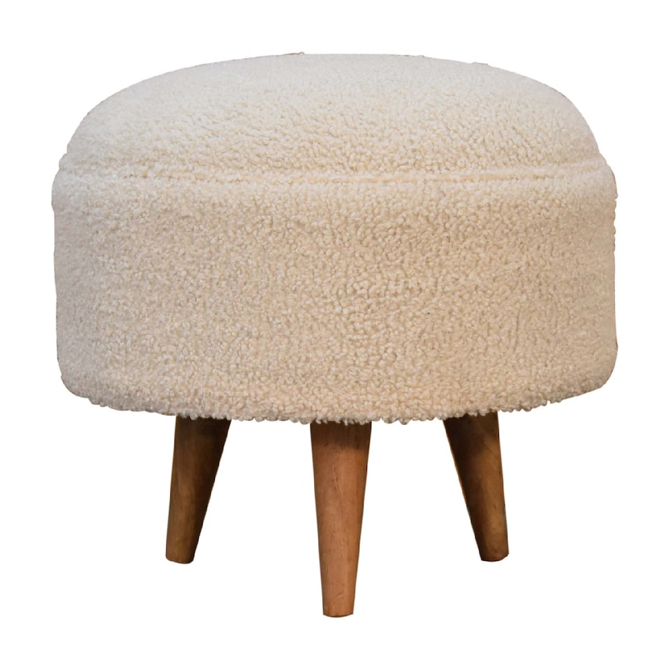 image 1 of Artisan Furniture Solid Wood Cream Boucle Rounded Footstool, Upholstered, Brown and Cream