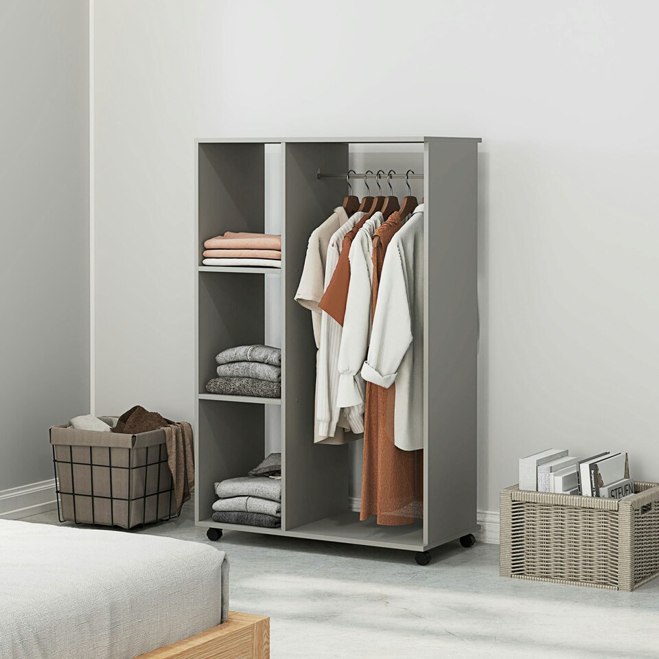 image 1 of HOMCOM Rolling Open Wardrobe Hanging Rail Storage Shelves for Clothes, Grey
