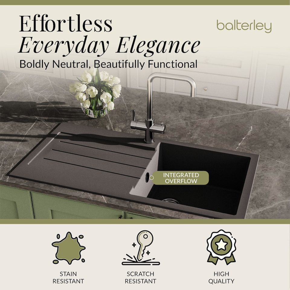image 1 of Balterley 100cm Kitchen Single Bowl Composite Inset Sink with Overflow & Reversible Drainer