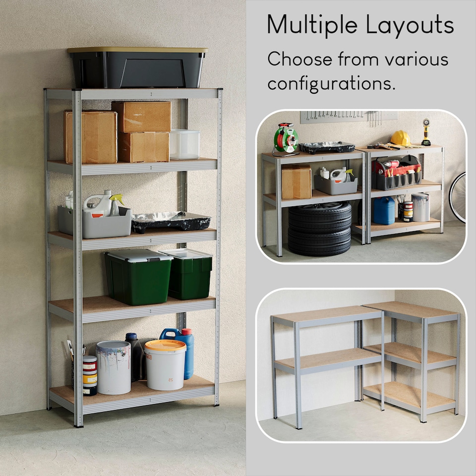 image 1 of Home Vida 5 Tier Large Heavy Duty Adjustable Steel Garage Shelving, Galvanised - Holds 875kg - (Set of 4) | Silver | Silver | Large