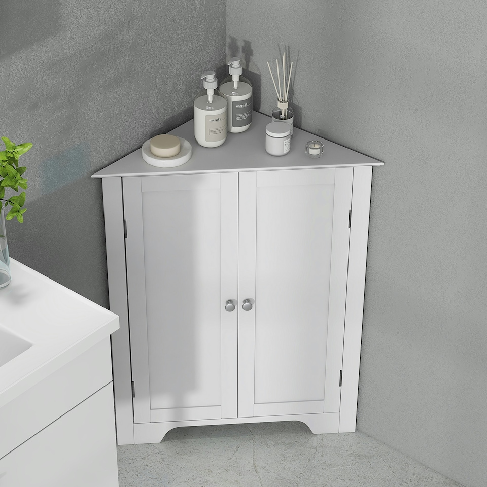 image 1 of kleankin Corner Bathroom Cabinet, Recessed Doors and Adjustable Shelf, White