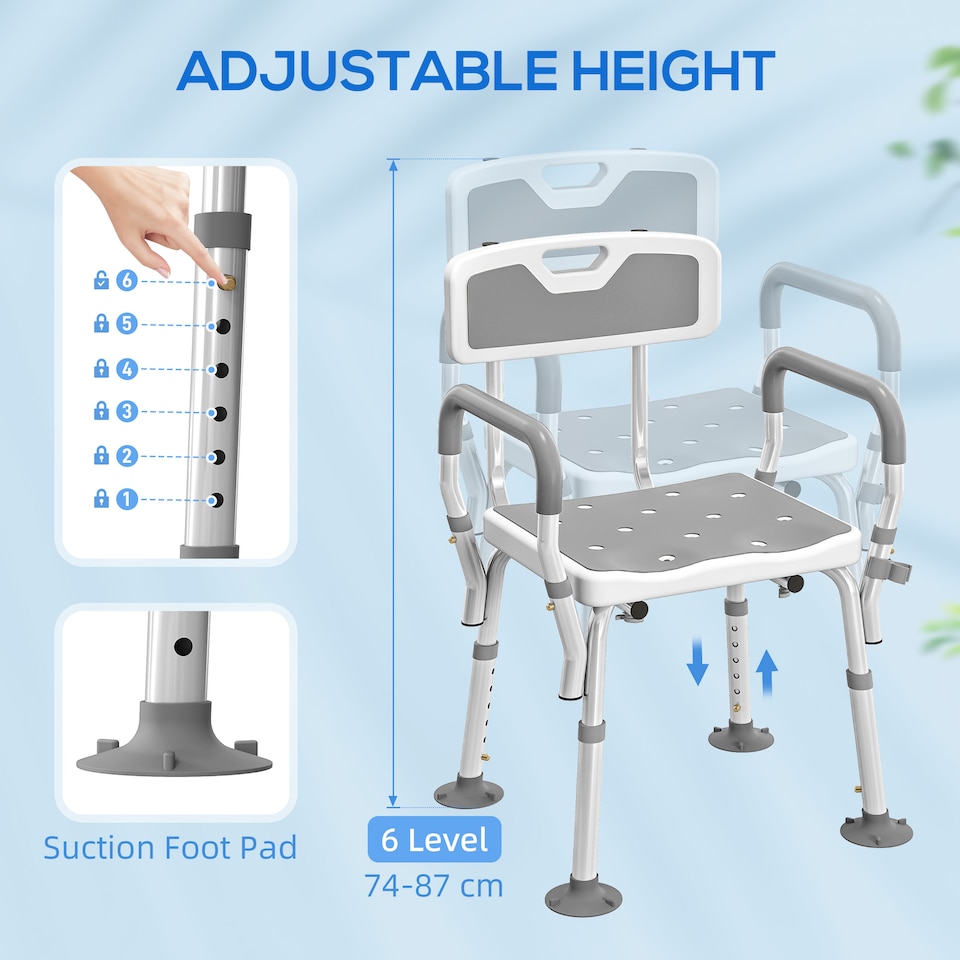 image 1 of HOMCOM Padded Shower Stool with Arms and Back, 4 Suction Foot Pads, Grey | Grey
