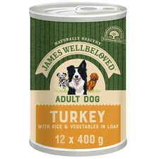 James Wellbeloved Adult Wet Dog Food Tins Turkey & Rice in Loaf 12 x 400g