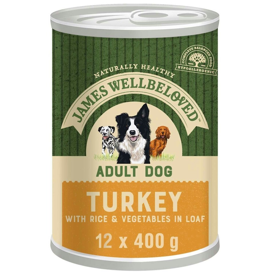 image 1 of James Wellbeloved Adult Wet Dog Food Tins Turkey & Rice in Loaf 12 x 400g